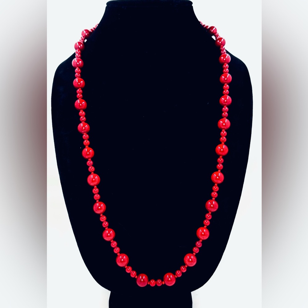 Natural Jade Red Beaded Hand Knotted Necklace 32” 11.6mm & 6.0mm